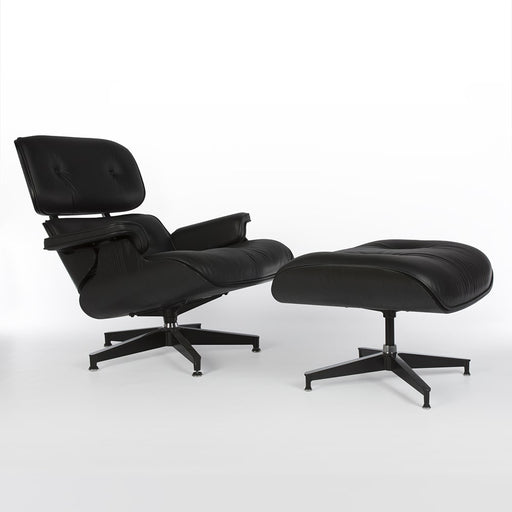Front angled view of all black Eames Lounge Chair and Ottoman