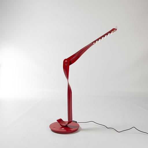 Front angled view of red Behars leaf lamp