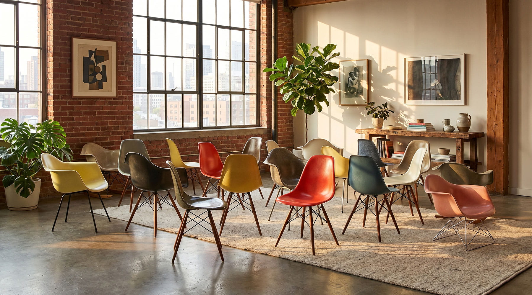 An array of Eames fiberglass side and arm chairs in a modern loft apartment with high windows and brick walls