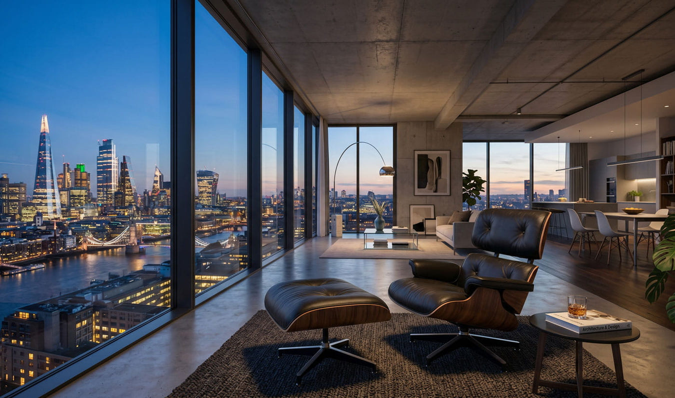 An Eames Lounge Chair & Ottoman in the foreground of a modern penthouse apartment with view of the city of London