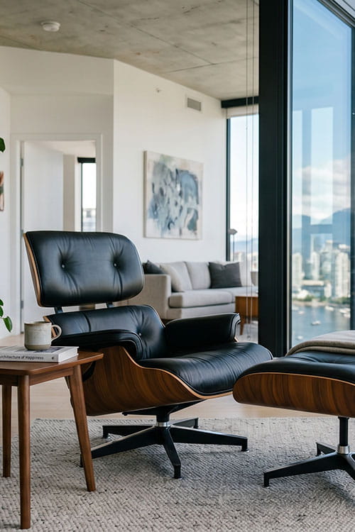 An Eames Lounge Chair in black and Walnut sit facing the window on a high floor
