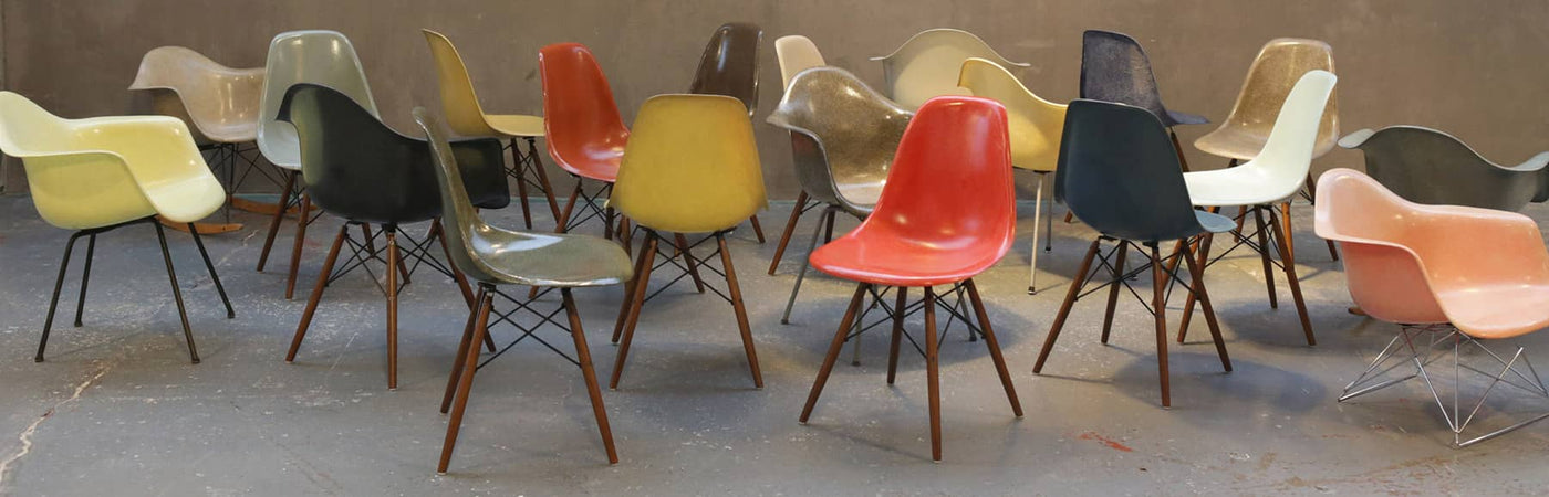 A Collection of some of our best selling Eames fiberglass side and arm chairs including the DAX, Rocking RAR, side DSW and DSR chairs