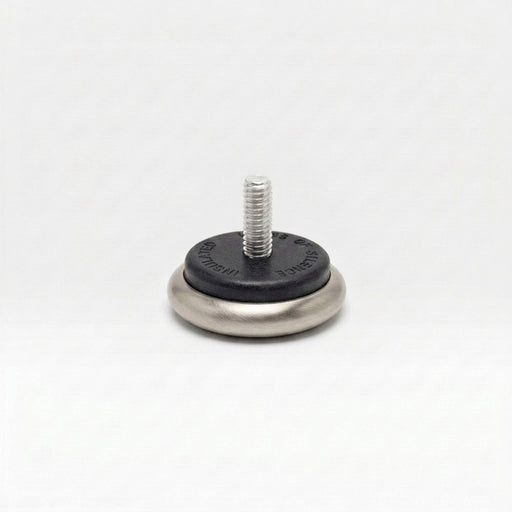 A small metal hardware component with a threaded silver screw post rising from a round black top, mounted on a brushed silver circular base, photographed on a plain light background.