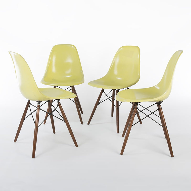 Front view of set of 4 Lemon Yellow Eames DSWs in a circle