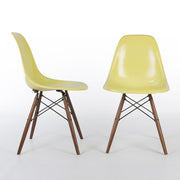 View of pair of Lemon Yellow Eames DSWs, one from front, one from right side