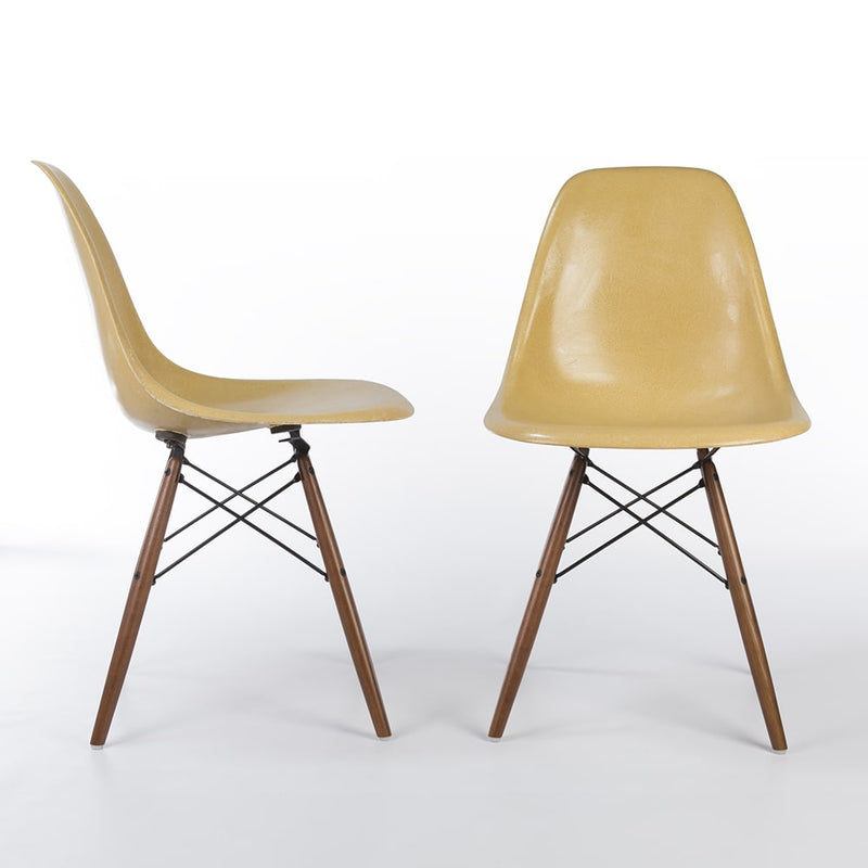 View of pair of Ochre Eames DSWs, one from right side, one from front