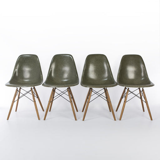 Front view of set of 4 Olive Green Eames DSWs in a line