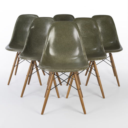 Front view of set of 6 Olive Green Eames DSWs in a triangle