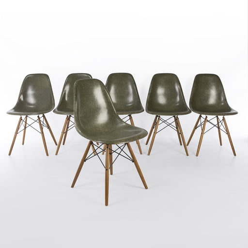 Front view of set of 6 Olive Green Eames DSWs in a line