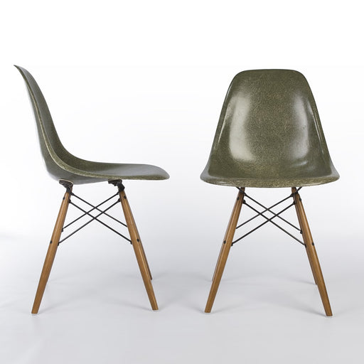 View of pair of Olive Green Eames DSWs, one from right side, one from front