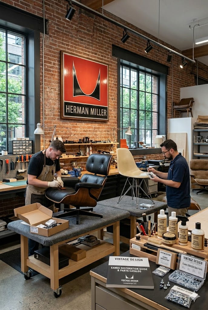 Two men working on a Herman Miller Eames Lounge Chair with brick walls and large windows.
