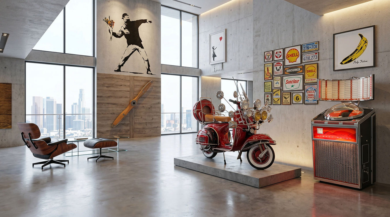 A penthouse apartment with open space featuring Banksy art, an AMI continental 2 Jukebox, a Vespa and Eames Lounge Chair
