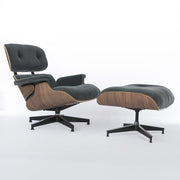 Front angled view of green mohair walnut Eames Lounge Chair and Ottoman