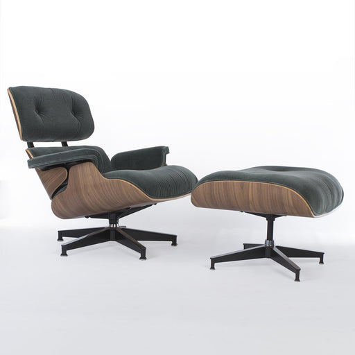 Front angled view of green mohair walnut Eames Lounge Chair and Ottoman