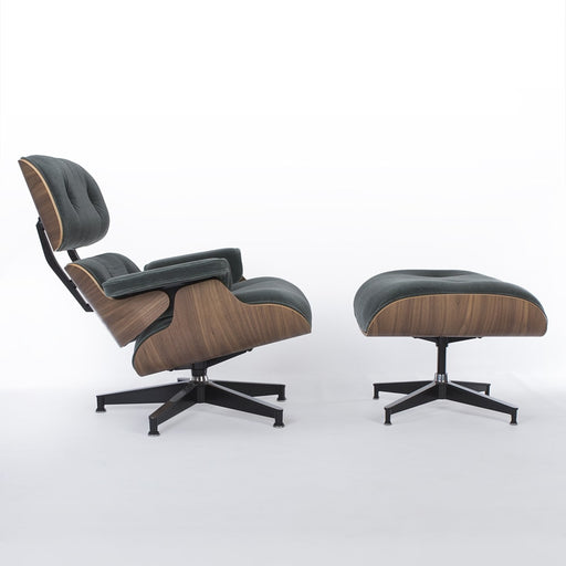 Right side view of green mohair walnut Eames Lounge Chair and Ottoman