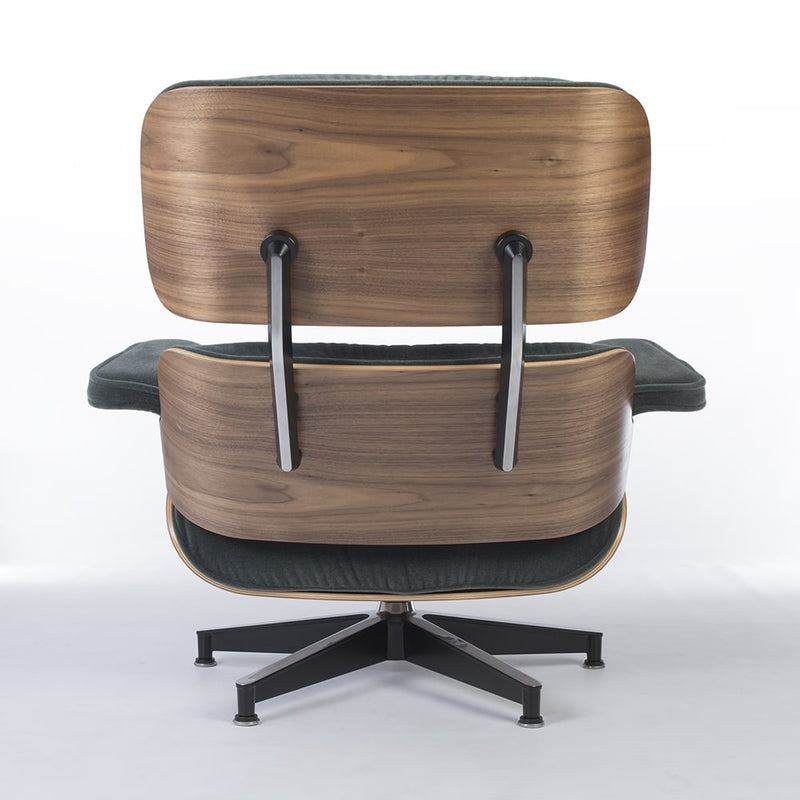 Rear view of green mohair walnut Eames Lounge Chair
