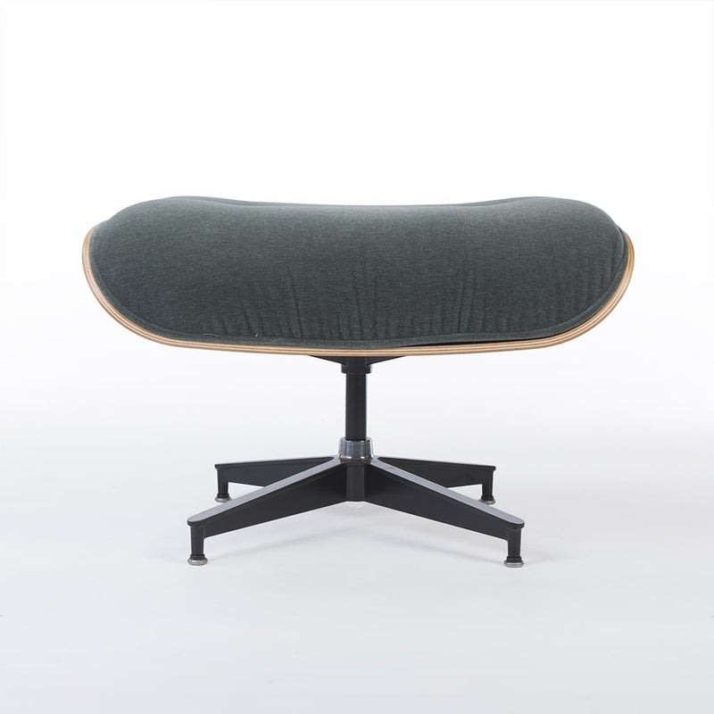 Front view of green mohair walnut Eames Lounge Chair Ottoman