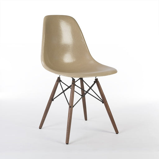 Front angled view of greige Eames DSW dining side chair