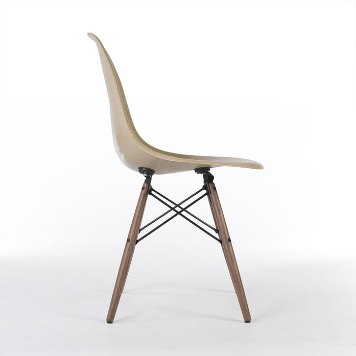 Right side view of greige Eames DSW dining side chair