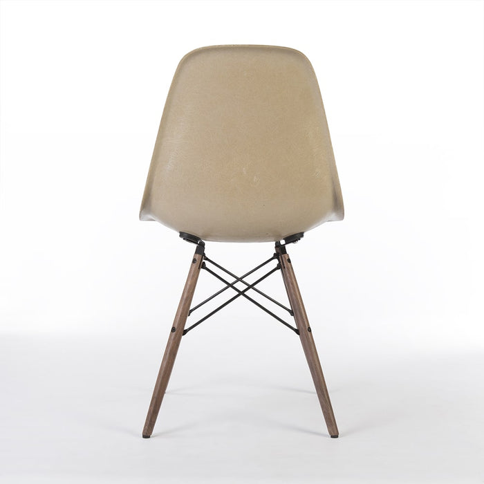 Rear view of greige Eames DSW dining side chair