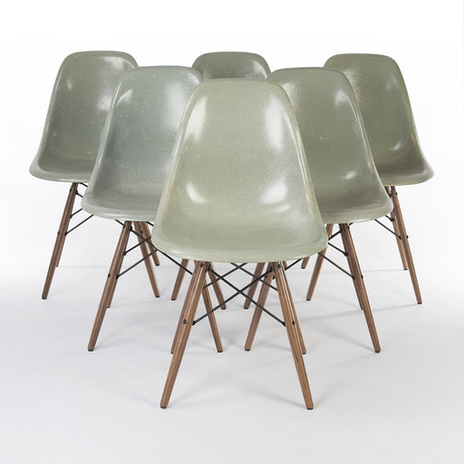 Front view of set of 6 light seafoam Eames DSWs in a triangle