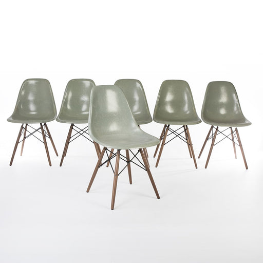 Front view of set of 6 light seafoam Eames DSWs in a line