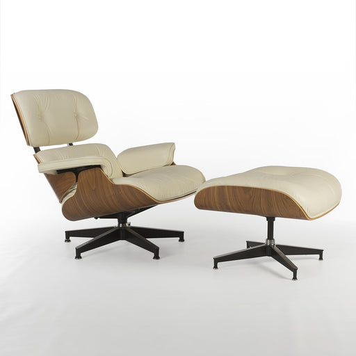 Front angled view of cream and walnut Eames Lounge Chair and Ottoman