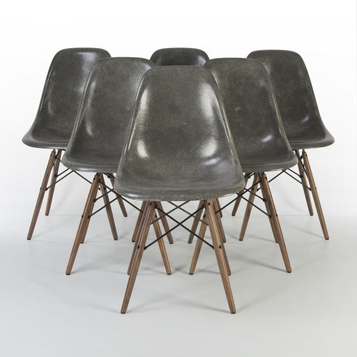 Front view of set of 6 Elephant Grey Eames DSWs in a triangle