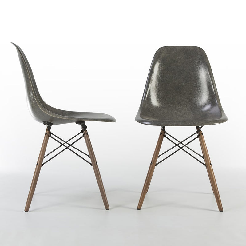 View of pair of Elephant Grey Eames DSWs, one from front, one from right side