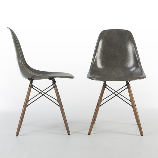 View of pair of Elephant Grey Eames DSWs, one from front, one from right side