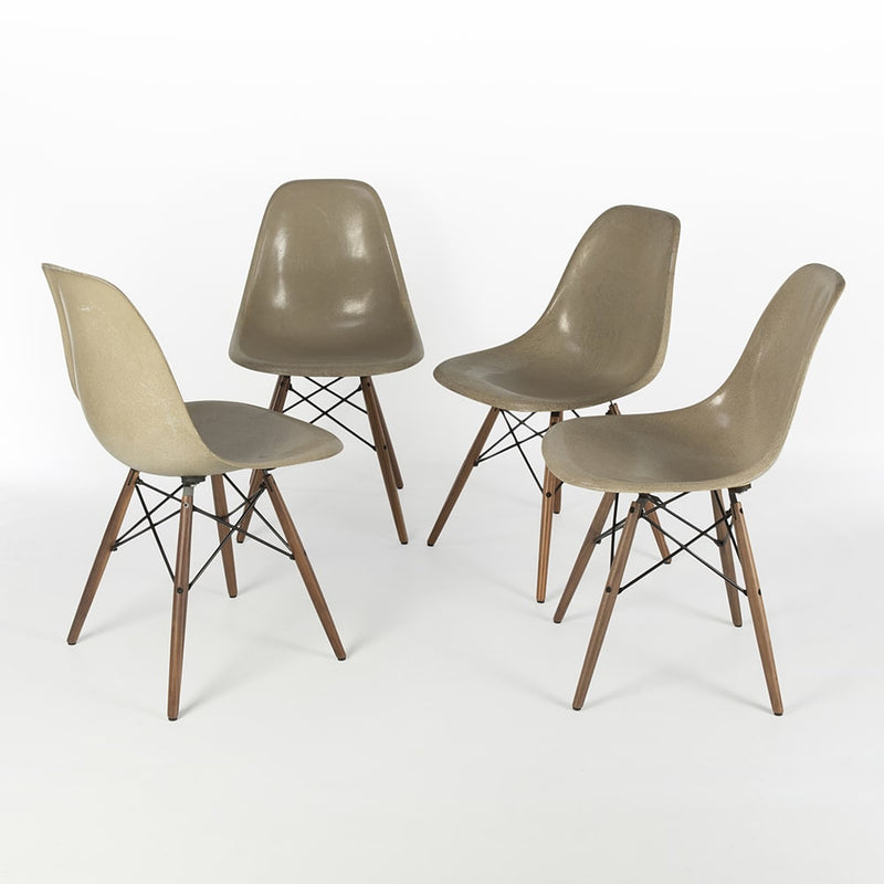 Front view of set of 4 greige Eames DSWs in a circle