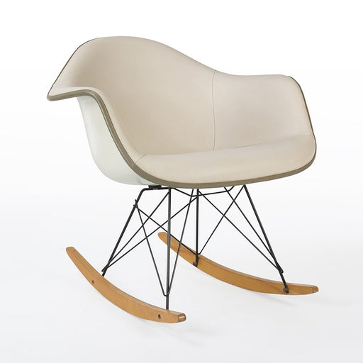 Front angled view of all white Eames RAR rocking arm chair