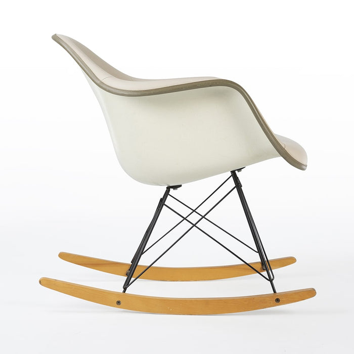Right side view of all white Eames RAR rocking arm chair