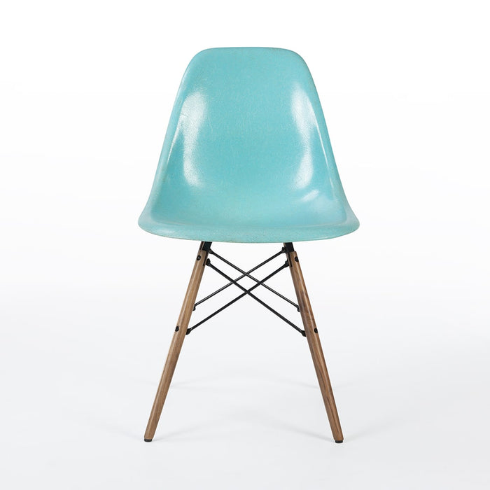 Front view of turquoise Eames DSW dining chair