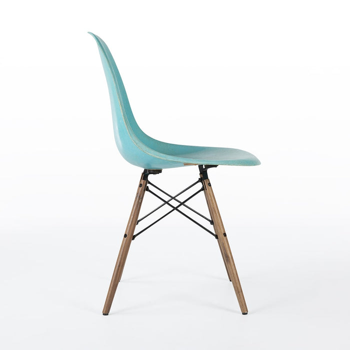 Right side view of turquoise Eames DSW dining chair