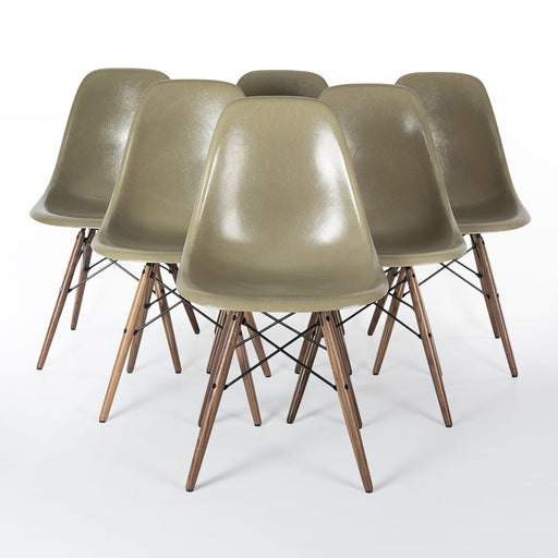 View of set of 6 raw umber Eames DSW dining side chairs