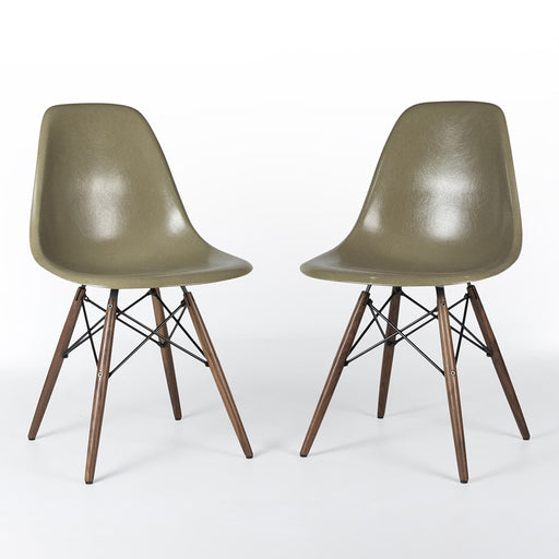 Front angled view of pair of raw umber Eames DSW dining side chairs