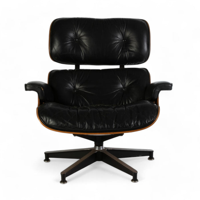 Front view of black and rosewood Eames Lounge Chair