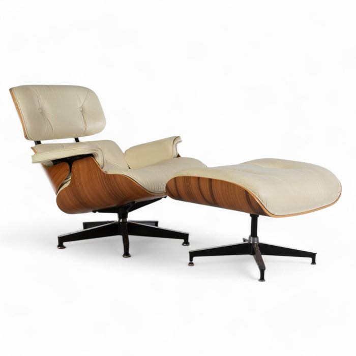 Front angled view of Cream and Santos Eames Lounge Chair and Ottoman