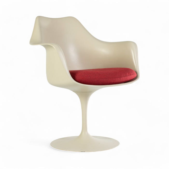 Front angled view of white Saarinen Tulip Arm Chair