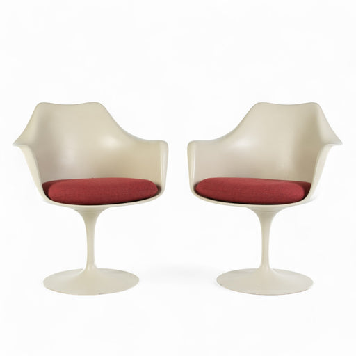 Front angled view of pair of White Saarinen Tulip Arm Chair