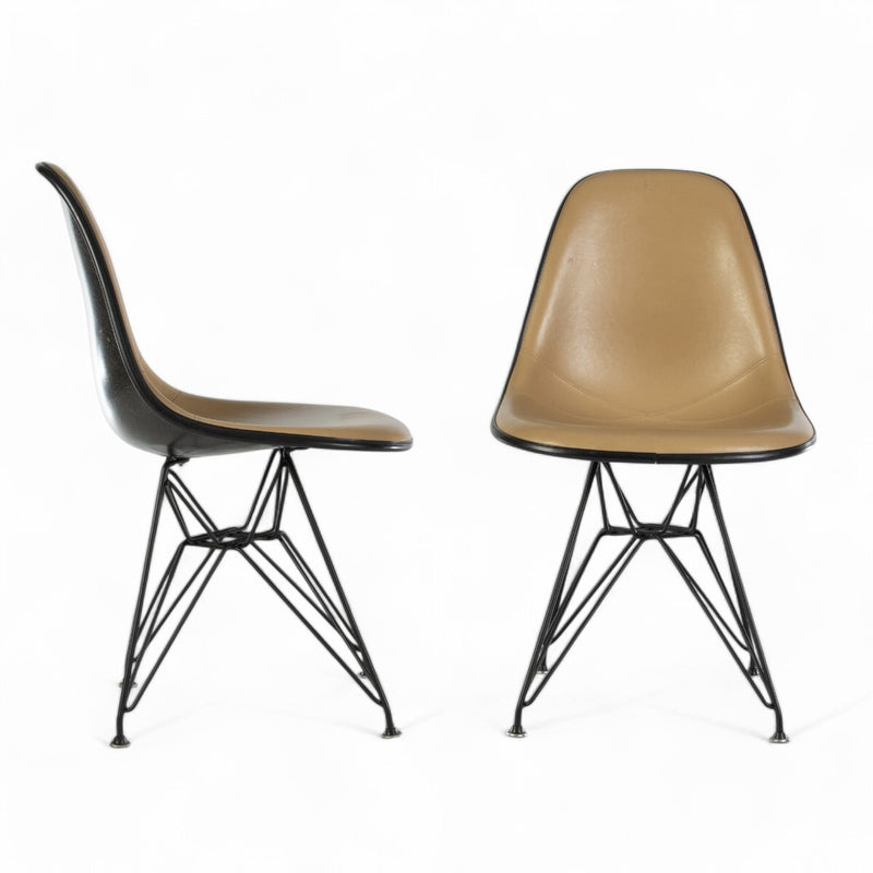 View of pair of beige Eames DSRs, one from right side, one from front