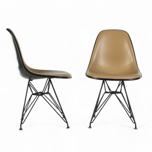 View of pair of beige Eames DSRs, one from right side, one from front