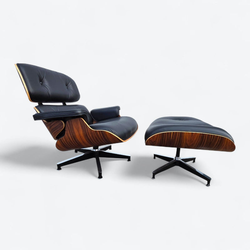 Angled right side view of black and santos Eames Lounge Chair and Ottoman