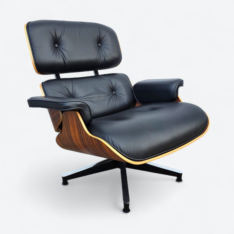 Left angled front view of black and santos Eames Lounge Chair