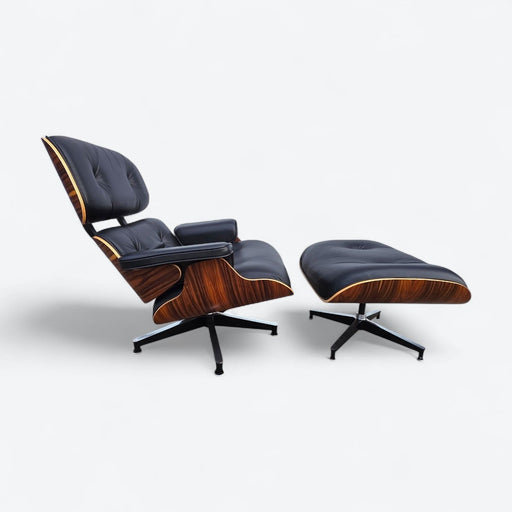 Right side view of black and santos Eames Lounge Chair and Ottoman