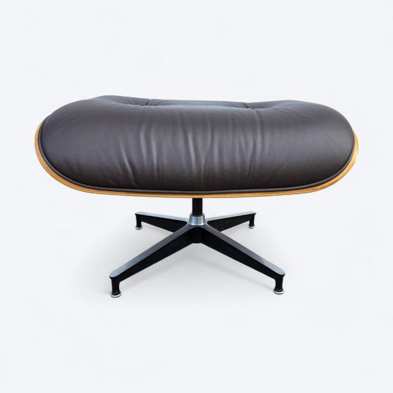 Front view of brown walnut Eames Lounge Chair Ottoman