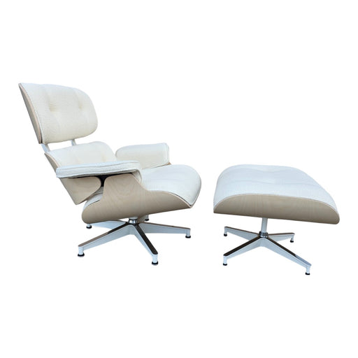 Right side angled view of white flamiber ash Eames Lounge Chair and ottoman