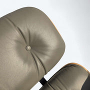 Close up view of back rest cushion on grey and oak Eames Lounge Chair