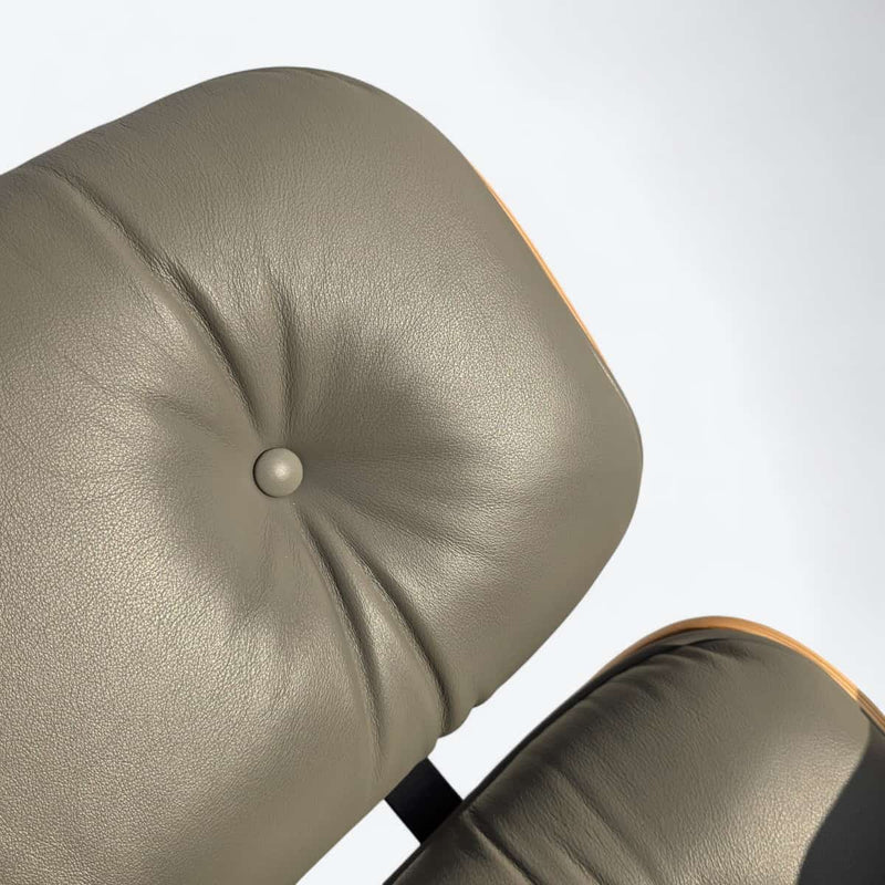 Close up view of back rest cushion on grey and oak Eames Lounge Chair